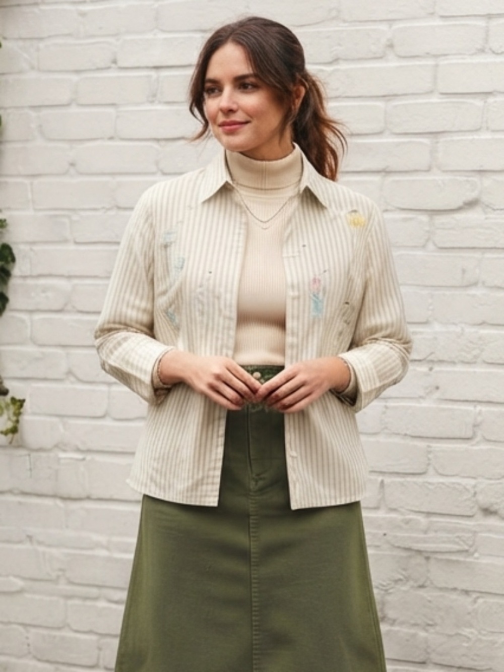 Vintage Tabi Green Stripe Whimsical Floral Embroidered Button-Down Shirt Size L